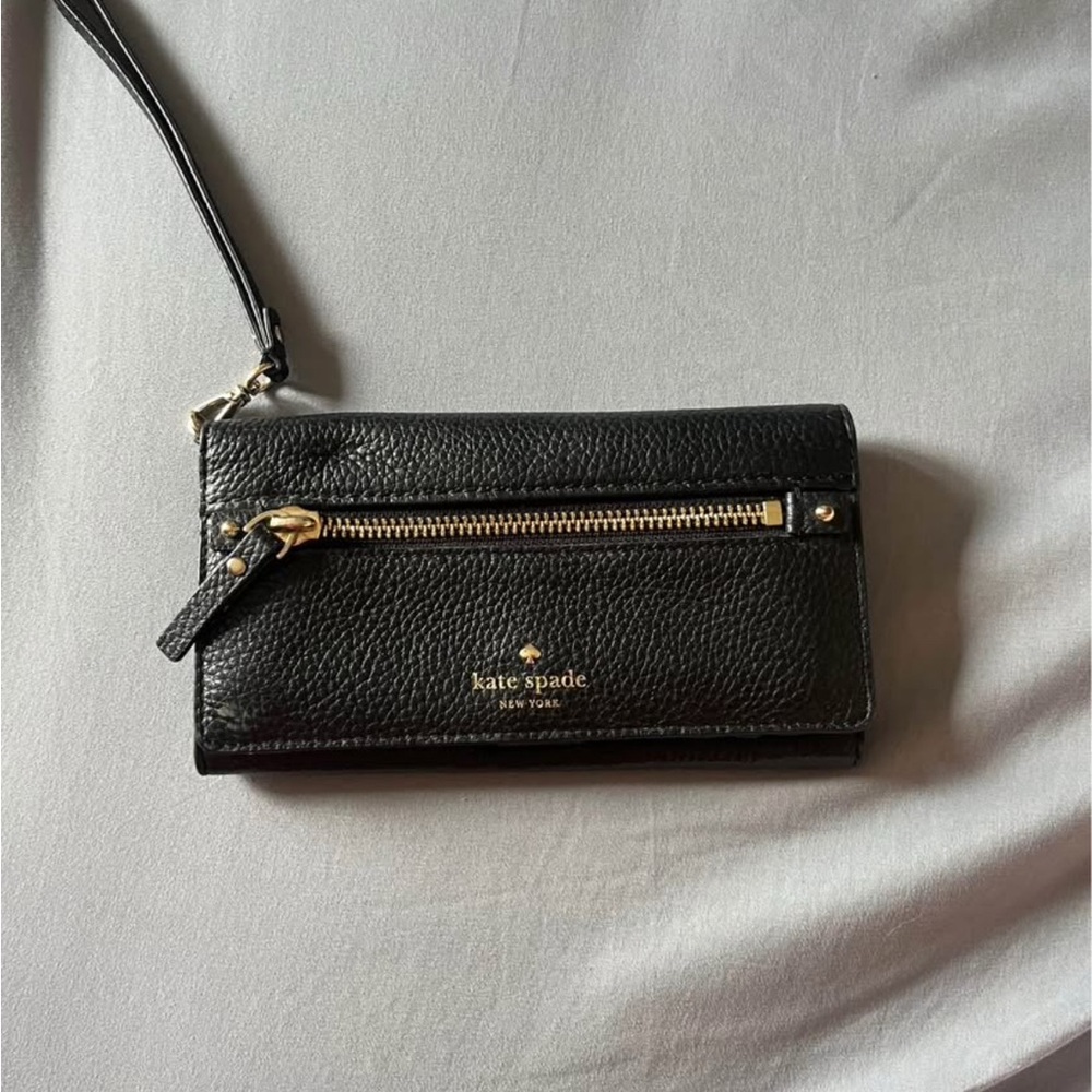 Kate Spade Black Leather Wristlet with Gold Accents
